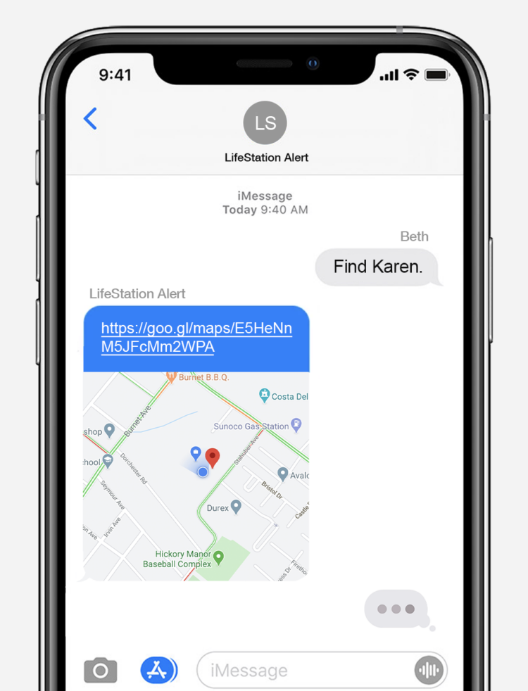 Mobile phone showing a text message with a map to user's location representing Lifestation partner
