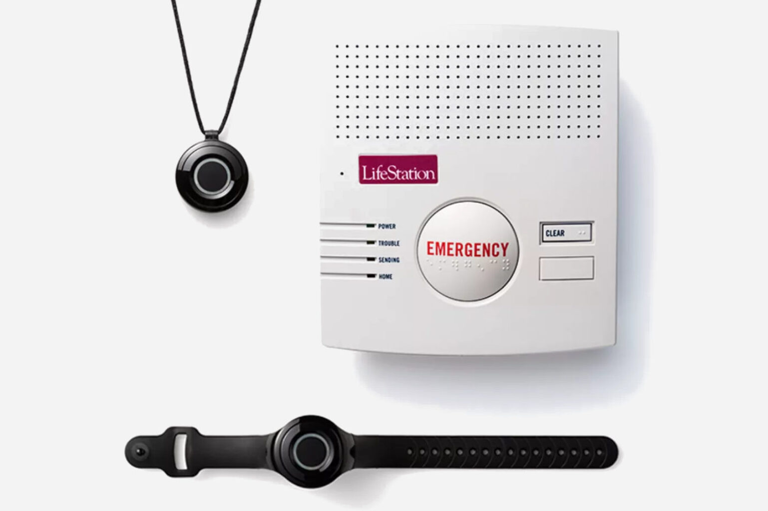 Medical alert product shot with console, watch, and pendant