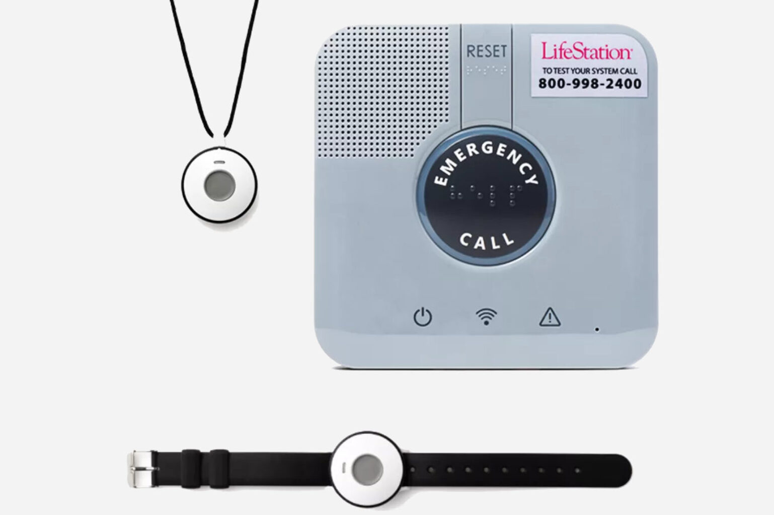 Lifestation's Medical alert product shot with console, watch, and pendant
