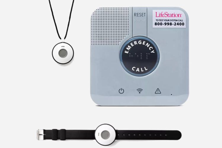 Lifestation's Medical alert product shot with console, watch, and pendant