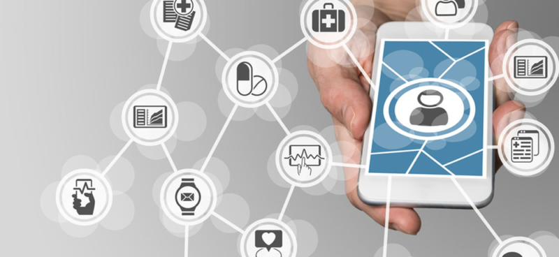 Mobile phone surrounded by app graphics