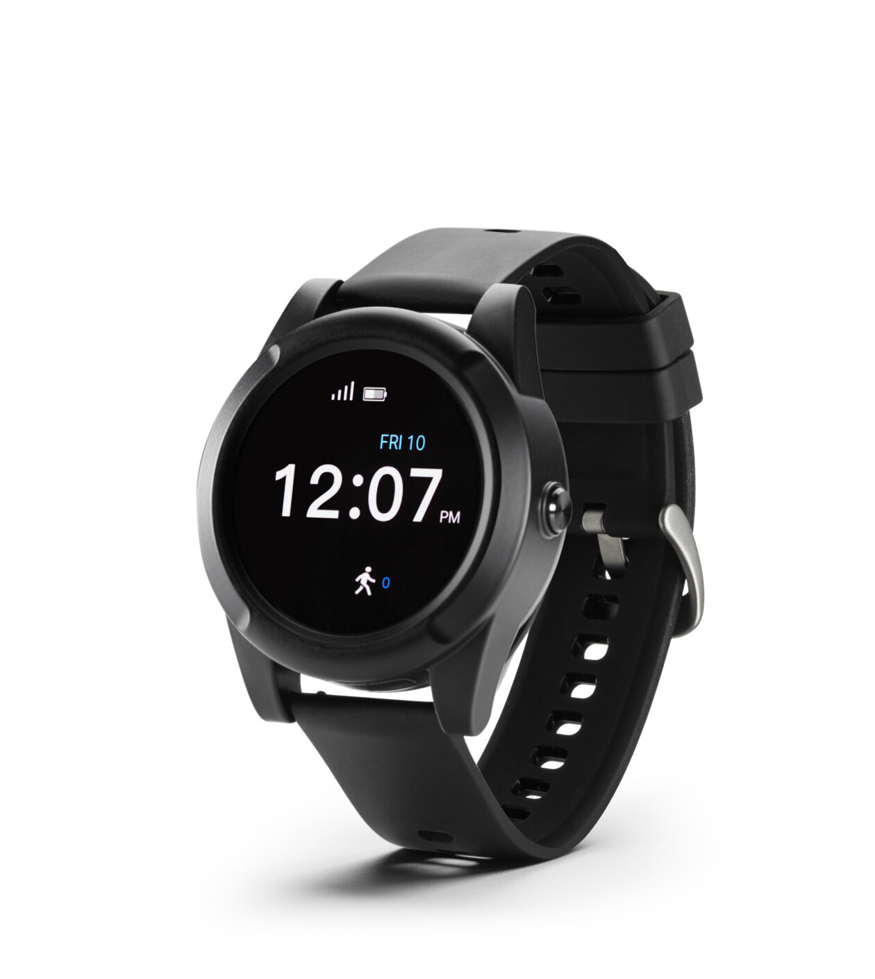 A SideKick Smart Watch with a black band displayed at an angled view