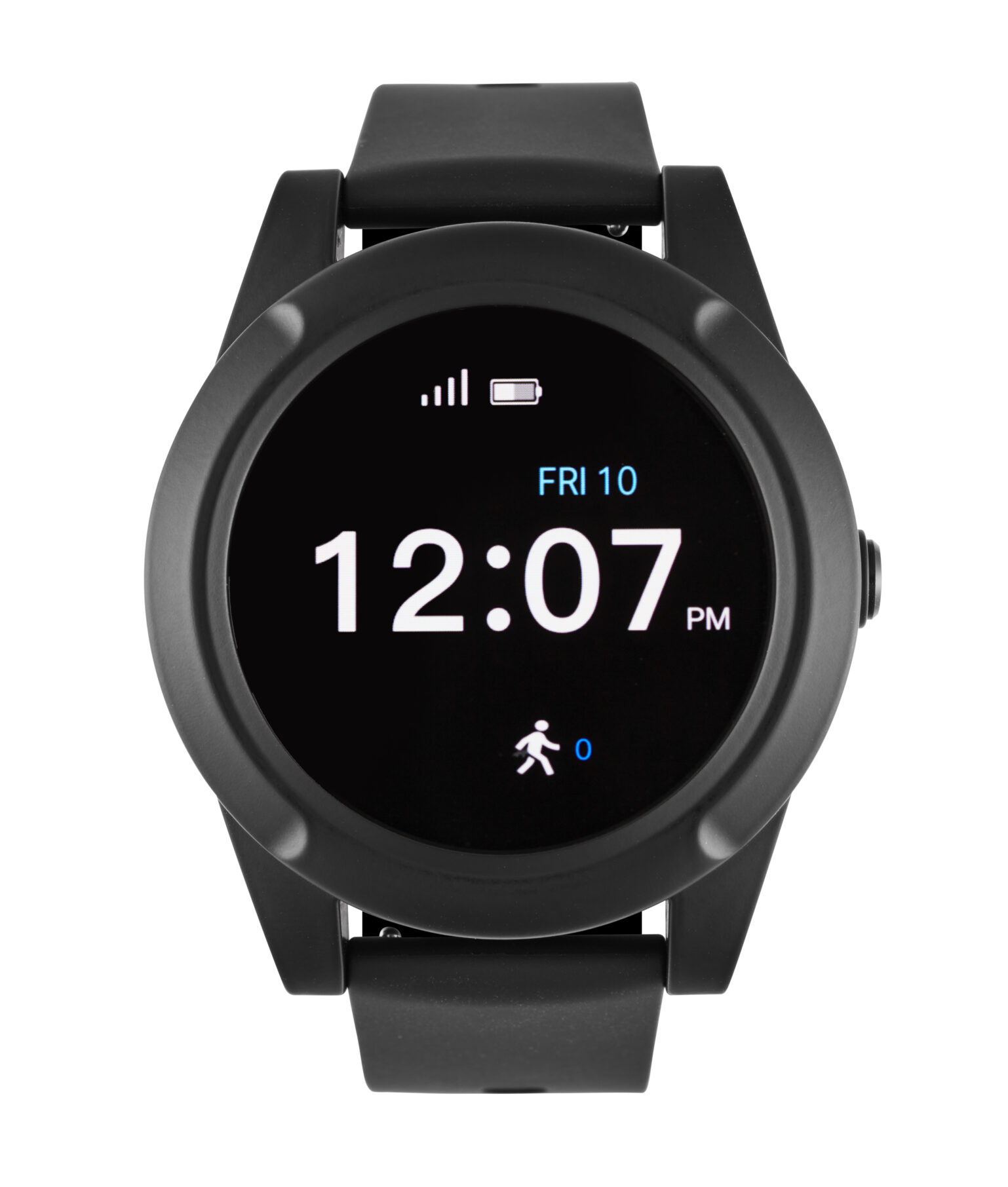 A Sidekick watch displaying the time "12:07 PM," date, step count, and battery status on screen with a black strap