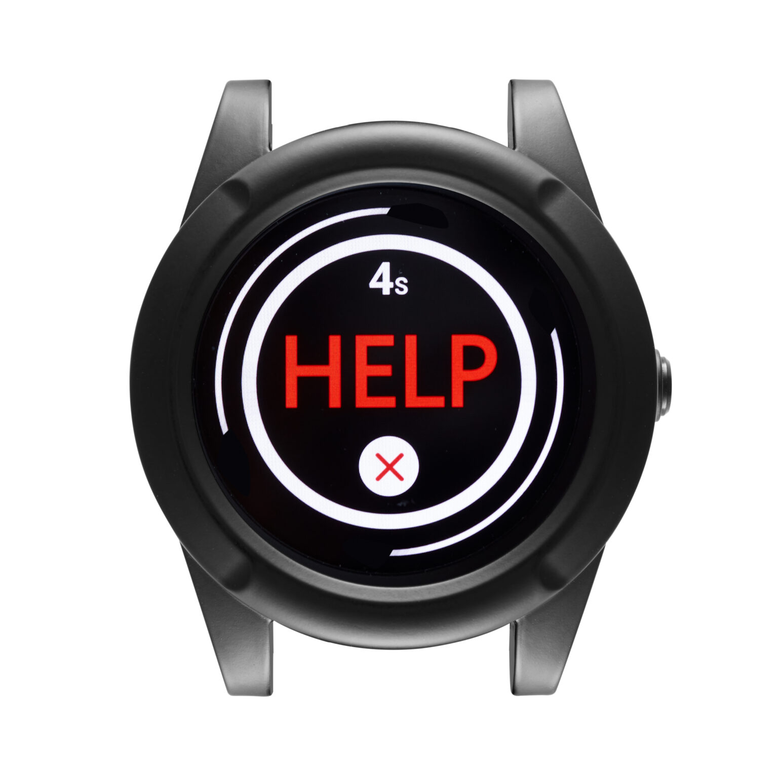 A Sidekick watch displaying a red "HELP" alert on its screen