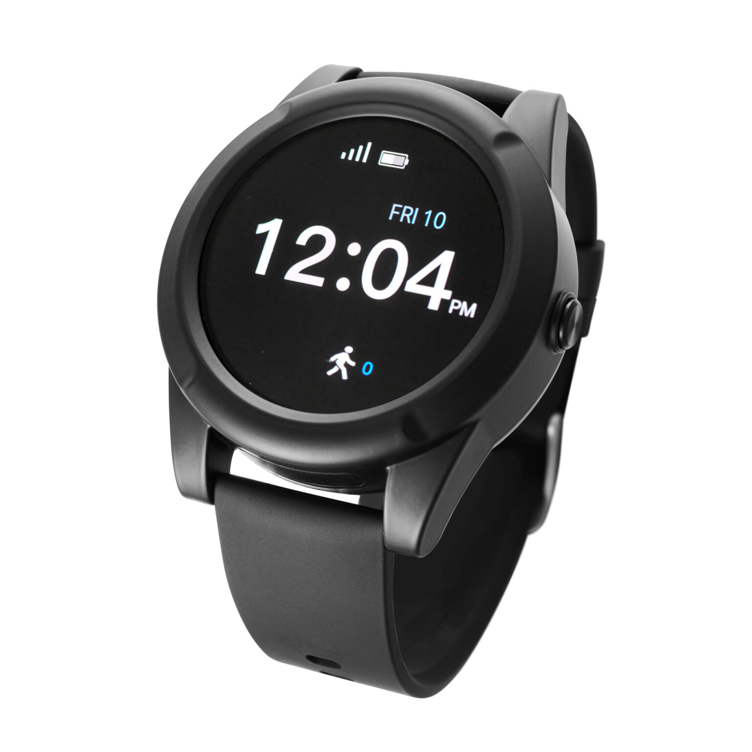 A Sidekick watch with a black strap displaying the time "12:04 PM," date, and step count, shown at a tilted angle