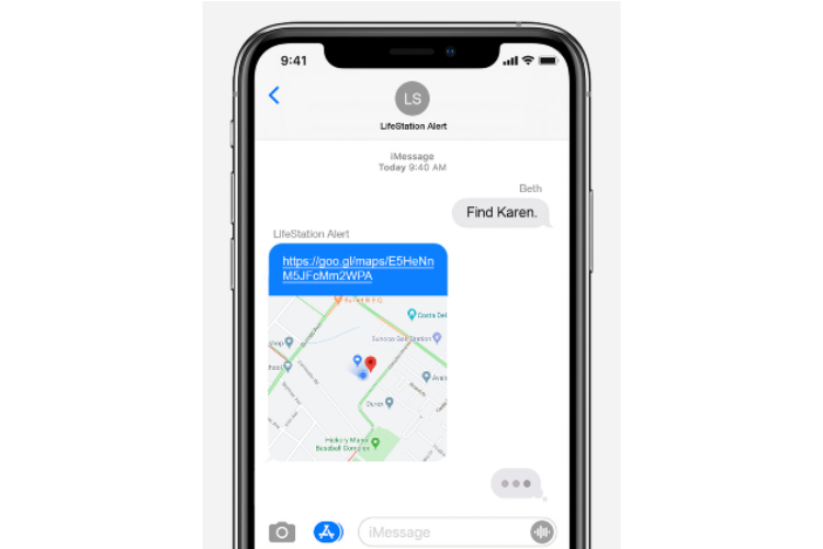 A smartphone screen displaying a LifeStation Alert text with a map link and the message "Find Karen"