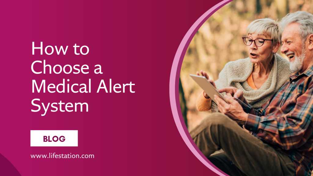 Blog banner of a couple looking up how to choose a medical alert system