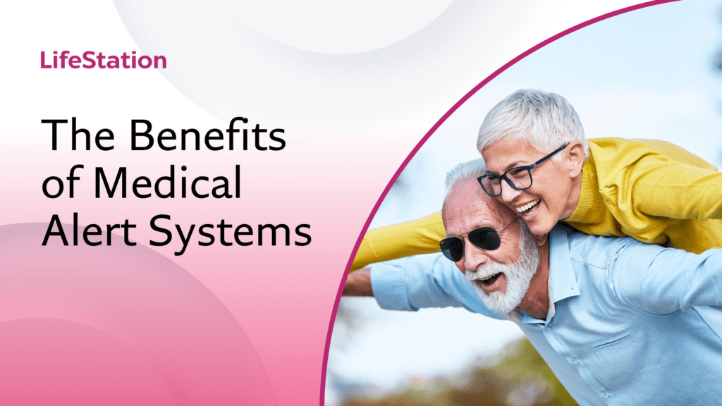 blog banner: the benefits of medical alert systems. Image of a happy couple using a medical alert system feeling independent.