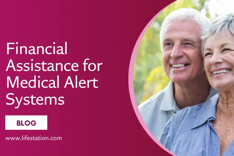 A senior couple standing next to each other with a banner that says Financial assistance for medical alert systems