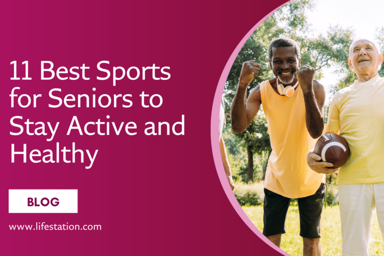 Two senior men smiling outdoors, one holding a football and flexing his arms, promoting active lifestyles and fitness for seniors.
