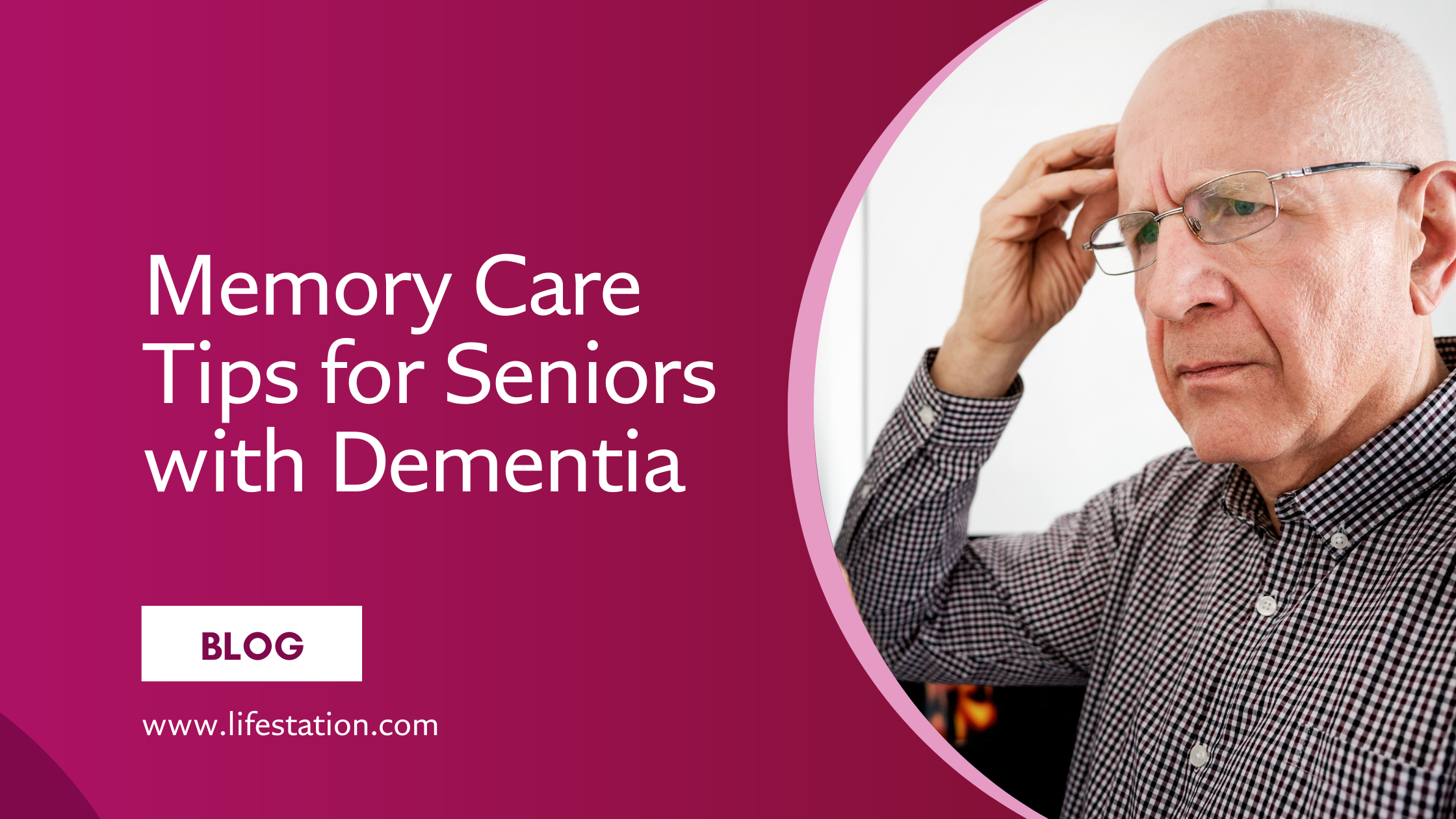 An elderly man with glasses and a checkered shirt looks concerned, holding his hand to his head, symbolizing memory loss or confusion.