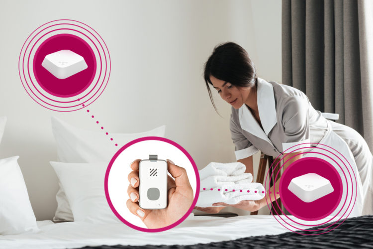 Maid in hotel room with medical alert device and beacon illustration shown