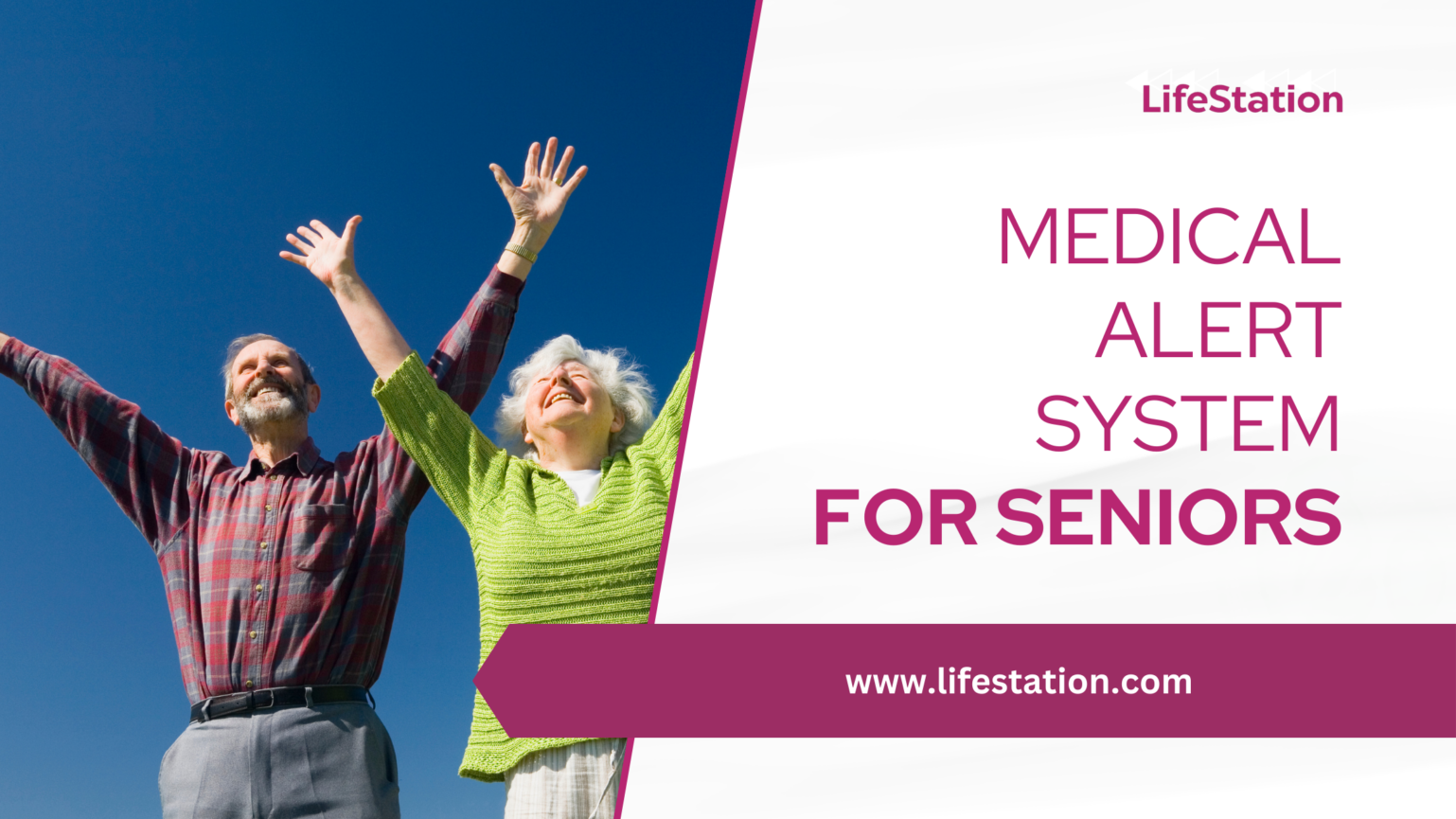 Life Alert's Medical Alert System for Seniors. Two happy elderly people with arms in the sky. They are happy because they have freedom with LifeStation