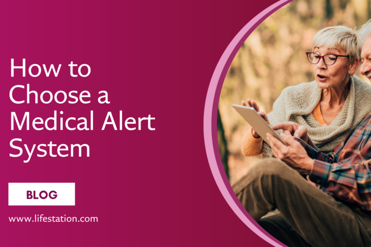 Blog banner of a couple looking up how to choose a medical alert system